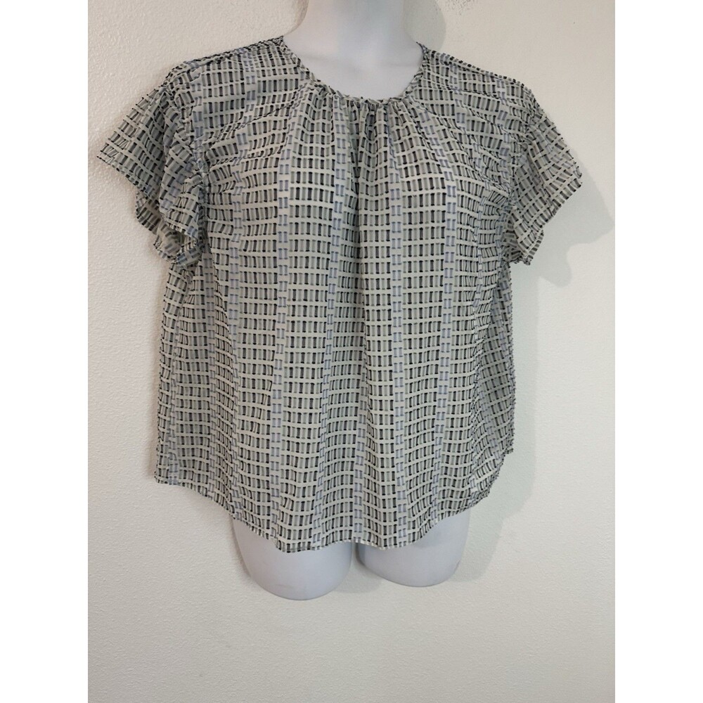 Zac & Rachel Blouse Blue White Short Flutter Sleeve Women's XL Office Popover